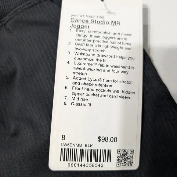 Lululemon Dance Studio MR jogger.  Color Black. Size 8 - Picture 2 of 4